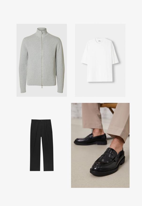 Světle šedý svetr na zip s vysokým límcem, žebrovanou strukturou a přiléhavými manžetami. Obsahuje hladký zip vpředu pro zapínání.; Bílá krátkosrstá tričko s krátkým rukávem vyrobené z bavlny, se zaobleným výstřihem a volným střihem. Hladká textura, bez viditelných vzorů nebo akcentů.; Černé kalhoty s rovnými nohavicemi, vyrobené z hladké tkaniny. Mají přední záhyby a jedno knoflíkové zapínání v pase.; Černé kožené loafers s hladkým povrchem, zdobené páskem a kontrastním prošíváním, spárované s béžovými kalhotami.