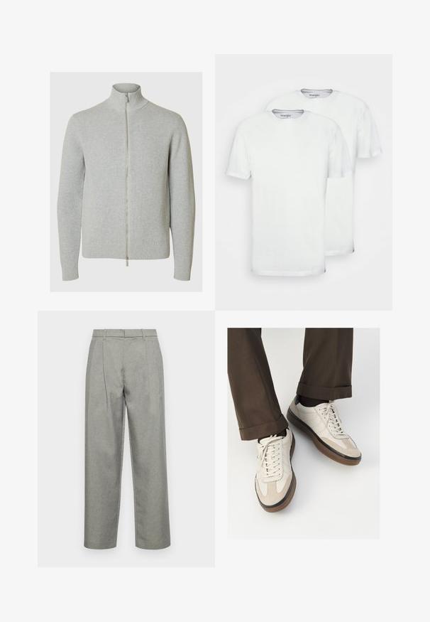 Lys grå hette-genser med høy krage, ribbet tekstur og tettsittende mansjetter. Har en glatt glidelås på forsiden for lukking.; To hvite bomull t-skjorter med korte ermer og rund hals. De har en jevn tekstur og ingen synlige mønstre eller design.; Grå skreddersydde bukser laget av teksturert stoff, med rett benkonstruksjon, frontfold og standard midje med beltesløyfer.; Beige sneakers med teksturert semsket front, glatte skinnsider og en brun gummisåle. Snører og lys syddetalj inkludert.