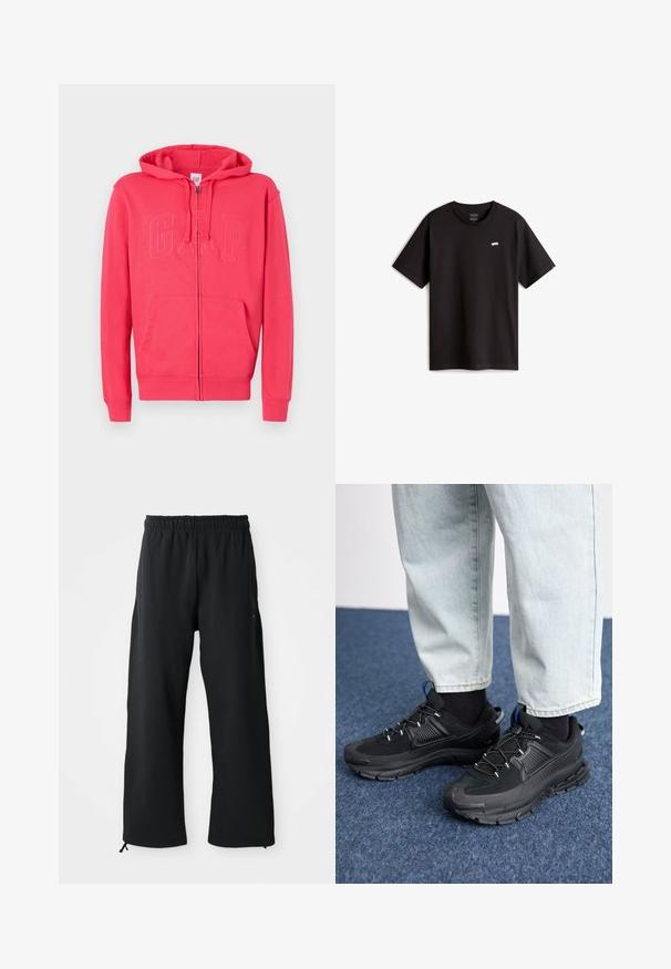 Rosa lynlås-hættejakke lavet af blødt stof, med en kængurulomme og prægede "GAP"-logoer på fronten. Hætte og ribbede manchetter er inkluderet.; Sort bomulds T-shirt med korte ærmer og rund hals. Har et lille hvidt skateboard-logo på brystet. Enkel design og pasform.; Sorte bukser med brede ben lavet af blødt stof, med elastisk talje og snøre, sidelommer og en glat overflade.; Sorte træningssko med tekstureret stof og gummisåler, udstyret med elastiske snørebånd og en blå detalje på hælen. Bæres med lyse denimbukser.