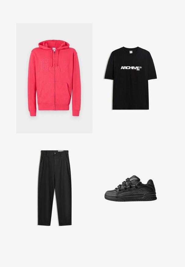 Rosa Kapuzenjacke aus weichem Stoff, mit einer Kängurutasche und geprägtem "GAP"-Logo auf der Vorderseite. Mit Kapuze und gerippten Bündchen.; Schwarzes Baumwoll-T-Shirt mit einem weißen "ARCHIVE inc." Logo auf der Brust, kurzen Ärmeln und einem Rundhalsausschnitt.; Schwarze Baumwollhose mit lockerem Schnitt, ausgestattet mit einem klassischen Bund, vorderen Falten und Seiten taschen. Glatte Textur ohne Muster.; Schwarze Sneakers mit einem glatten Leder-Obermaterial, strukturierten Akzenten und runden schwarz-weißen Schnürsenkeln. Dicke Gummisohle mit einem gemusterten Profil.