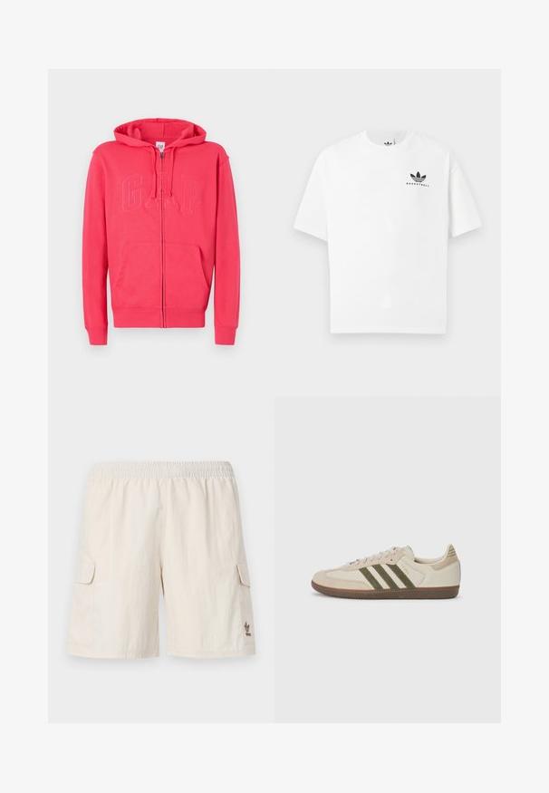 Roze zip-up hoodie gemaakt van zachte stof, met een kangoeroezak en reliëf "GAP" logo aan de voorkant. Inclusief capuchon en geribde boorden.; Witte katoenen t-shirt met korte mouwen, voorzien van een zwart "BASKETBALL" logo en het iconische drie-streependesign aan de voorkant.; Beige cargoshorts met een elastische tailleband, twee zijzakken en een klein logo aan de onderzijde rechts. Glad, lichtgewicht materiaal.; adidas Originals SAMBA OG UNISEX - Sneakers laag - alumina/medium dark khaki/gum