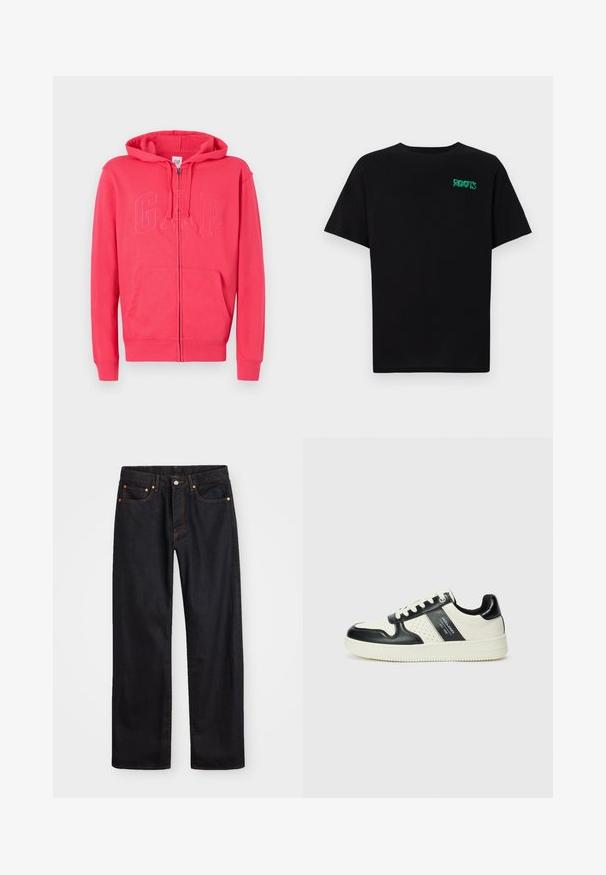 Rozā sporta jaka ar rāvējslēdzēju, izgatavota no mīksta auduma, ar kengura kabatu un reljefīgu "GAP" logo priekšpusē. Iekļauta kapuce un ribas aproces.; Melna kokvilnas t-kreka ar īsām piedurknēm. Uz priekšu ir zaļa "ROOTS" logo, apaļa kakla izgriezums un standarta piegriezums.; Vīriešu taisno kāju melnie džinsi ar piecām kabatām un oranžu izšuvumu, ar pogu un zipa aizdari priekšējā jostas daļā.; Ādas sporta apavi ar melnbaltu krāsu shēmu, ar perforētiem akcentiem, mīkstinātu apkakli un teksturētu zoli.