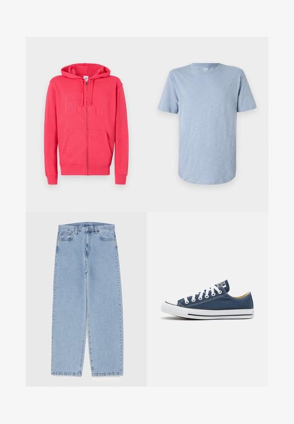 Felpa rosa con zip realizzata in tessuto morbido, dotata di tasca a marsupio e logo "GAP" in rilievo sul davanti. Include cappuccio e polsini a costine.; T-shirt azzurro chiaro a maniche corte realizzato in tessuto morbido, con scollatura a girocollo e orlo dritto caratterizzato da una leggera trama.; Jeans in denim azzurro chiaro con design a gamba dritta, caratterizzati da una vita media, cinque tasche e chiusura con bottone e zip.; Sneaker in tela di colore blu navy con occhielli e lacci bianchi, dotata di una punta in gomma bianca e una striscia nera lungo la suola.