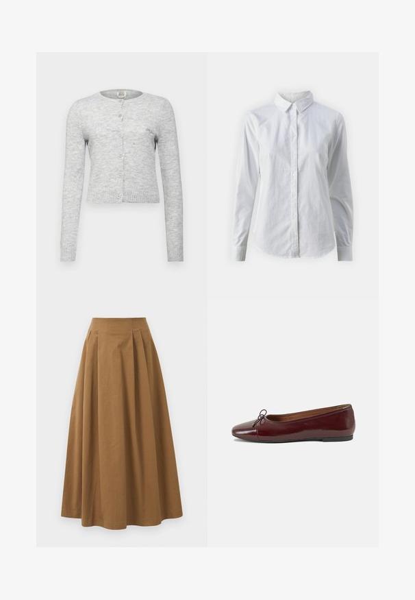 Grå strikket cardigan med lange ermer, rund halslinje og seks knapper foran. Har ribbestrikkede mansjetter og kant, subtile logodetaljer.; Hvit skjorte med knapper laget av glatt bomull, med klassisk krage, lange ermer og buet skjær. Knapper er små og hvite.; Brun bomull A-linje skjørt med høy midje, med folder foran og en jevn tekstur. Kantene er rene og enkle.; Burgunderrød lakk lær ballettleilighet med rund tå, liten sløyfe foran og en lav, svart gummisåle. Glatt tekstur.