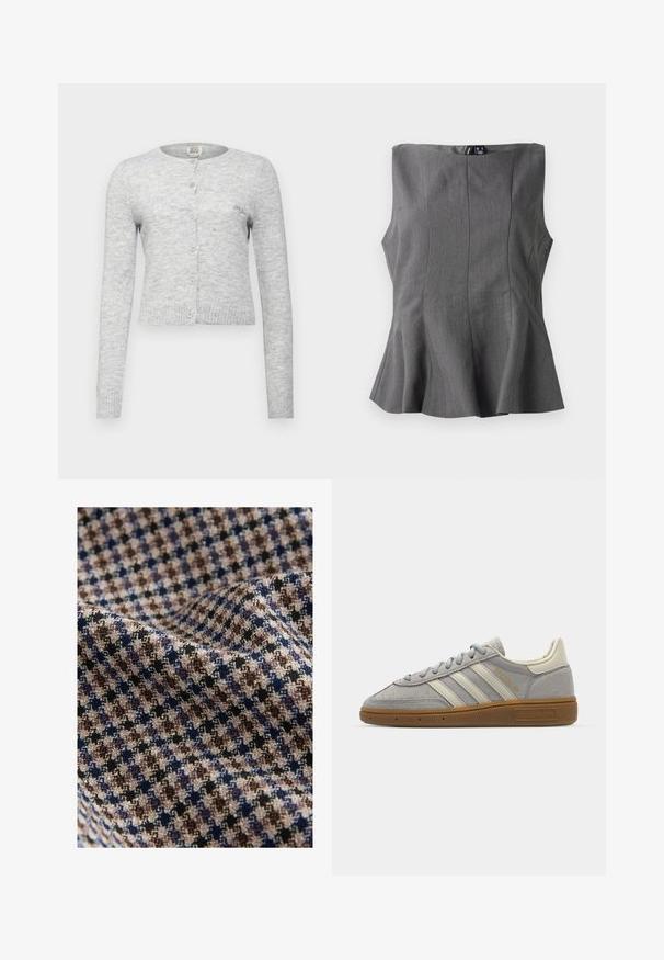 Pilkas megztas kardiganas su ilgomis rankovėmis, apvaliu iškirpimu ir šešiais mygtukais priekyje. Savybės: gumbuoti rankogaliai ir apačia, subtilus logotipo detalė.; Pilkas peplumo topas su struktūruotu, be rankovių dizainu. Pagamintas iš lygaus audinio, turi vertikalias siūles ir tiesų iškirpimą.; Audinys languoto rašto, kuriame dominuoja smėlio, rudos, tamsiai mėlynos ir juodos spalvos, su tekstūruotu paviršiumi. Minkšta ir laisvai krentanti išvaizda.; Pilki zomšiniai sportbačiai su šviesiai pilkomis odinėmis juostelėmis ir guminiu padu. Ypatybės: raištelių uždarymas ir subtilus prekės ženklo logotipas ant liežuvėlio.