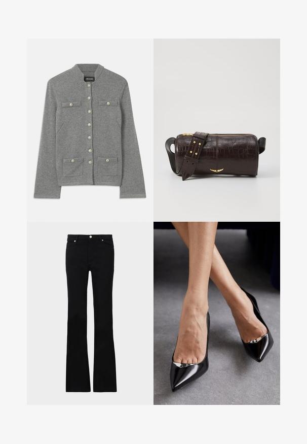 Hallide hallist kootud kardigan ümmarguse krae, esise lukuga, kahepaiksete taskutega ja nööpide peal pärlilaadsed aktsendid.; Must have mustam blouse pehmest kangast, millel on pitsiga kaelus ja lillemuster. Pikad paisuvad varrukad ja mugav lõige täiustavad disaini.; Mustad teksased, millel on flared lõige, kaks esi-taskut, nööbiga kinnitamine ja sile tekstuur. Tootemärgistus on nähtav õmblustes.; Mustad kõrgkandilised mustad nahkjalatsid terava nina ja avatud disainiga, millel on dekoratiivne hõbedane aksessuaar. Sile tekstuur läikiva viimistlusega.; Pruunist krokodillimustrist nahast kott, millel on silindri kuju, kuldse tooni metalldetailid ja eemaldatav rihm, kus on nupud.