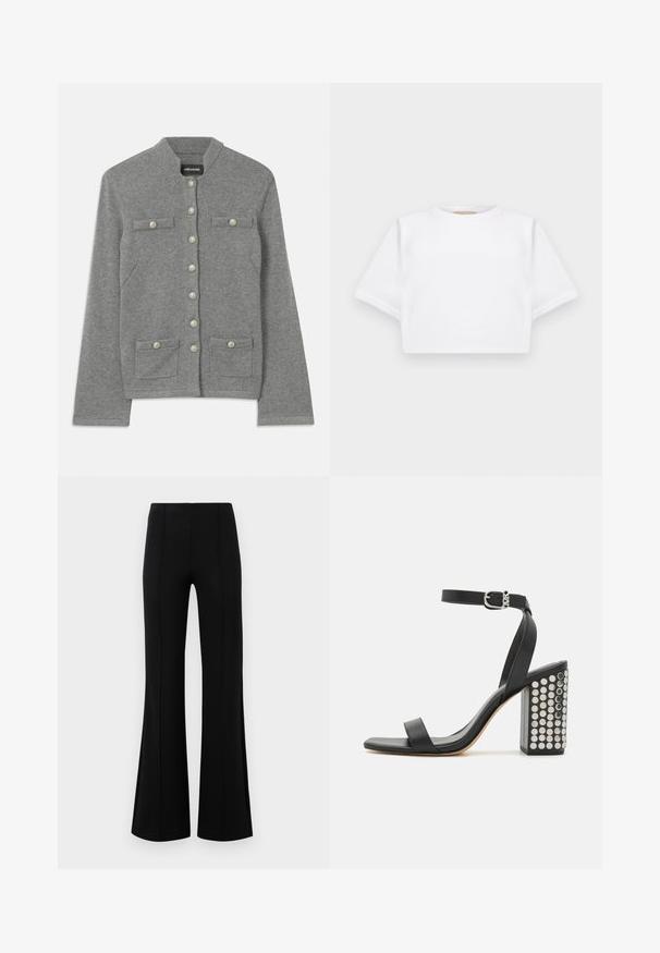 Cardigan gri tricotat cu guler rotund, închidere frontală cu butoane, două buzunare patch și accente asemănătoare perlă pe butoane.; Tricou alb scurt dintr-un material moale, cu mâneci scurte, decolteu rotund și detalii ribbrate la margine. Design simplu și fără embellishments.; Pantaloni negri evazați, cu talie înaltă, fabricați dintr-un material elastic. Prezintă detalii cu cusături verticale în față și o textură netedă.; Sandale cu toc din piele neagră, cu o curea la gleznă. Au vârf pătrat, textură netedă și toc pătrat bloc decorat cu capse argintii.