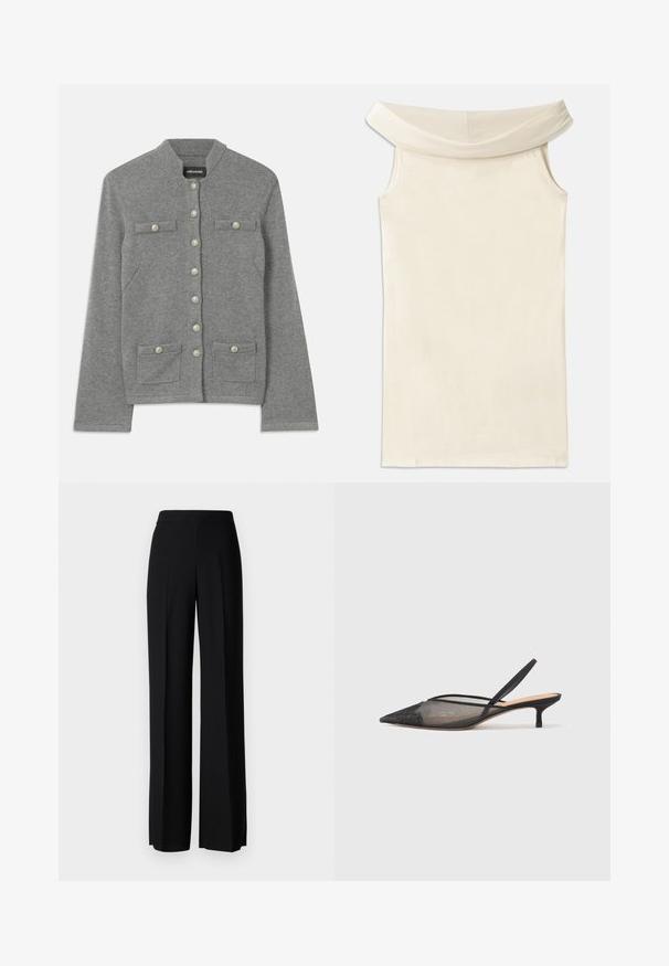 Sivi pleteni kardigan s okruglim ovratnikom, prednjim zatvaranjem na dugmad, dva džepa i bisernim detaljima na dugmadima.; Bež haljina bez naramenica izrađena od glatkog materijala, sa širokim izrezom i bez rukava, ravnog kroja i čistim rubom.; Crne široke hlače s glatkom teksturom, s visokim strukom i središnjim pregibima. Nema vidljivih uzoraka ili hardverskih detalja.; NEOUS IRENA - Klasične cipele s visokom petom - black
