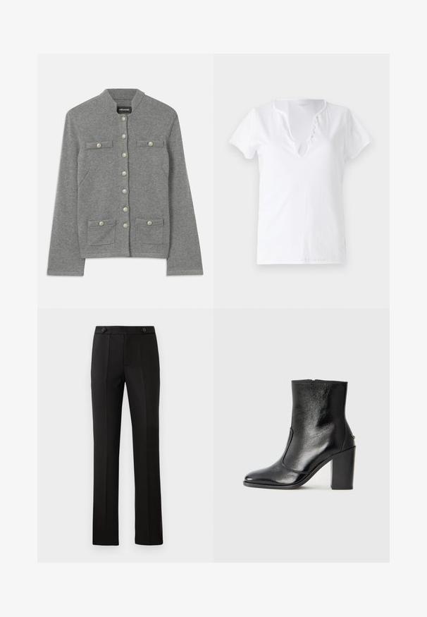 Gray knitted cardigan with a rounded collar, front button closure, two patch pockets, and pearl-like accents on buttons.; White cotton t-shirt with short sleeves, a relaxed fit, and a V-neckline featuring a placket with five decorative buttons.; Black tailored trousers with a straight leg, two front pockets, a button closure, and pleat detailing on the front. Smooth fabric texture.; Black leather ankle boot with a smooth texture, pointed toe, and a chunky high heel. Features a side opening and minimalistic design.