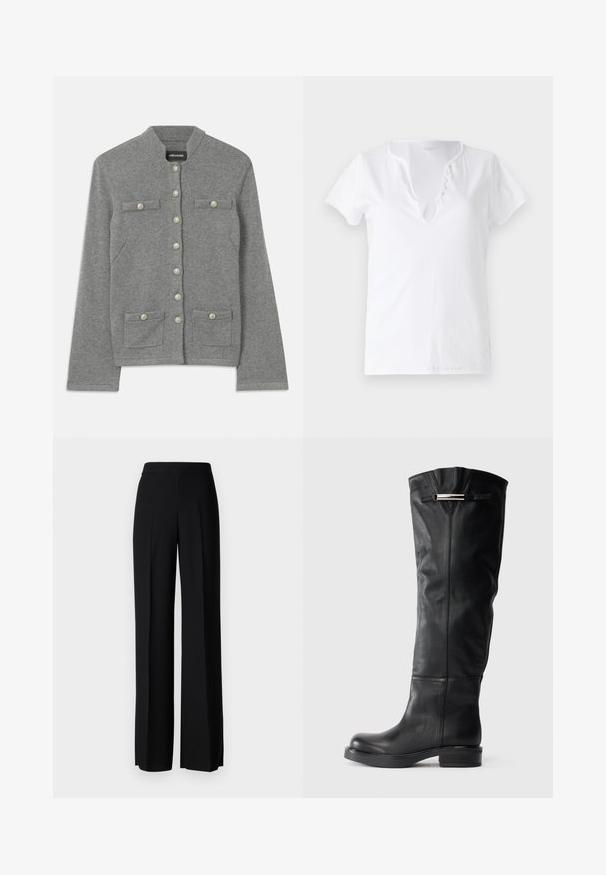 Cárdigan gris de punto con cuello redondeado, cierre frontal de botones, dos bolsillos de parche y detalles perlados en los botones.; Camiseta de algodón blanca de manga corta, con un corte relajado y un escote en V que presenta una tapeta con cinco botones decorativos.; Pantalones de pierna ancha negros con una textura suave, que presentan una cintura alta y pliegues centrales. Sin patrones visibles ni detalles de hardware.; Botas de cuero negro hasta la rodilla con una textura suave, punta redondeada y un tacón bajo tipo bloque. Presentan un acento plateado en la parte superior.