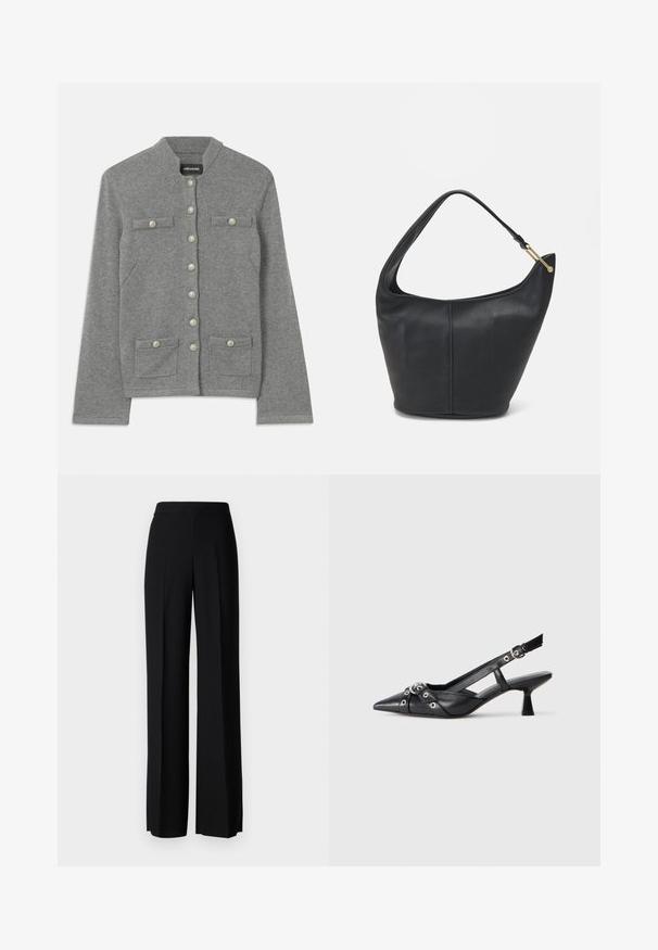 Pilkas megztinis su apvalia apykakle, priekyje užsegamas sagomis, dviem kišenėmis ir perlų tipo akcentais ant sagų.; Balta medvilninė marškinėliai trumpomis rankovėmis, laisvai krentančio silueto, su V formos iškirpte, kuri turi penkis dekoratyvinius mygtukus.; Juodi platūs kelnių kelnės su lygiu paviršiumi, turinčios aukštą liemenį ir centrinės raukšlės. Nėra matomų raštų ar metalinių detalių.; Juodas odinis slingback tipo batai su smailiu priekiniu atvartu, dekoratyvinėmis sagtimis su metaliniais akyčiais ir žemu blokiniu kulnu. Saldus paviršius.; Juodas odinis moterų rankinės su apvalia forma, plačiu dirželiu ir tekstūruotu paviršiumi. Yra subtilus siūlės detalizavimas ir auksinės spalvos aparatūra.