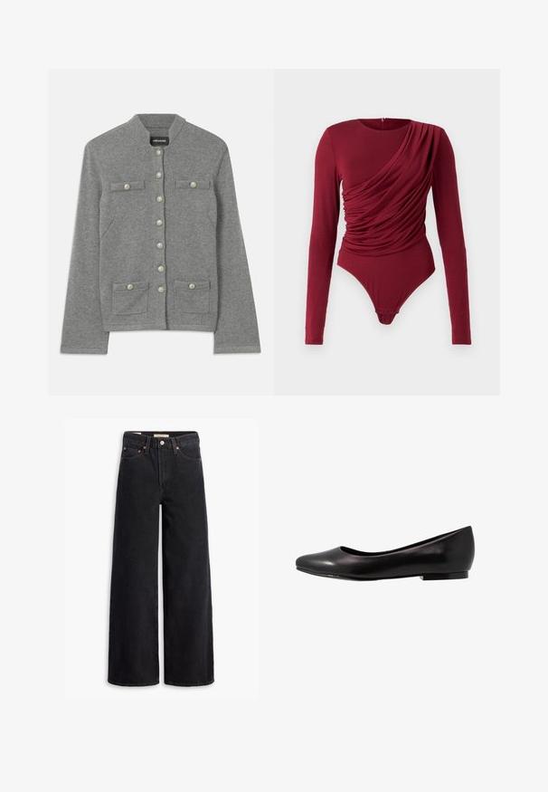 Hallide hallist kootud kardigan ümmarguse krae, esise lukuga, kahepaiksete taskutega ja nööpide peal pärlilaadsed aktsendid.; Pikendusega bodysuit tumeses punases, drapeeritud kangaga, ümmarguse kaelusega ja alumise osa nuppudega sulgemisega, valmistatud pehmest venivast materjalist.; Mustad laiad teksad, mis on valmistatud denimist, viie tasku, vase nuppe ja klassikalise nööbiga kinnitusega. Sile tekstuur ja puhas disain.; Must matte musta ballet kinga, mis on valmistatud läikivast nahast, ümarate varvaste ja madala, tasase taldadega. Sellel on sile tekstuur ja lihtne ning stiilne disain.
