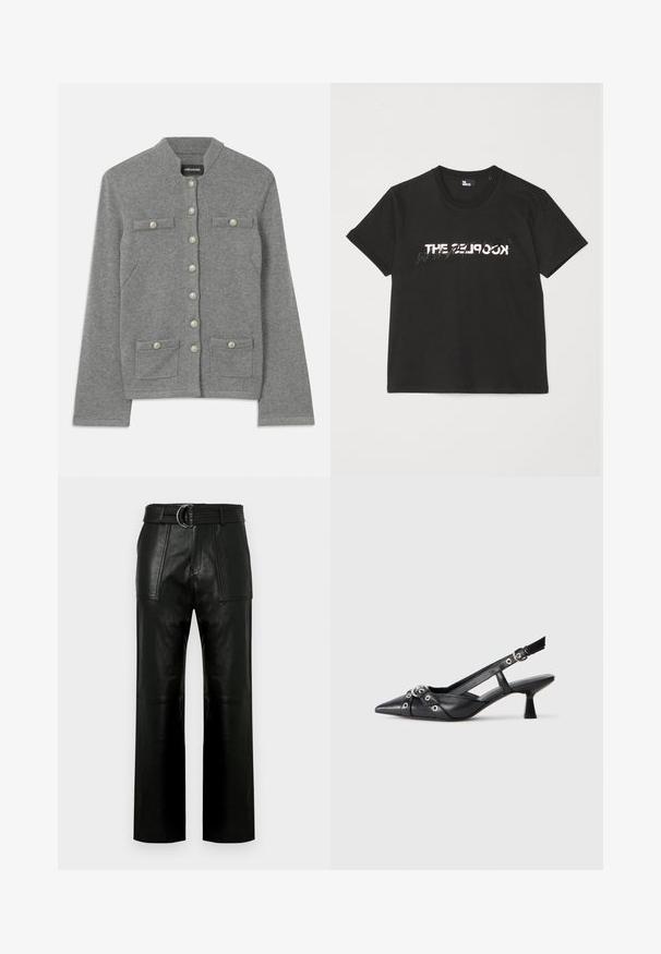 Grå strikket cardigan med en rund krave, frontknaplukning, to påsatte lommer og perleagtige detaljer på knapperne.; Sort bomulds t-shirt med korte ærmer, der har et trykt hvidt og gråt "THE 2LOOK" design over forsiden. Klassisk crew neck.; Høj talje sorte læderbukser med brede ben, store forreste lommer og et matchende bælte med dobbelt-ring spænde.; Sort lædersandal med spids tå, dekorative stropper med metaløjer og en lav blokhæl. Struktureret overflade.