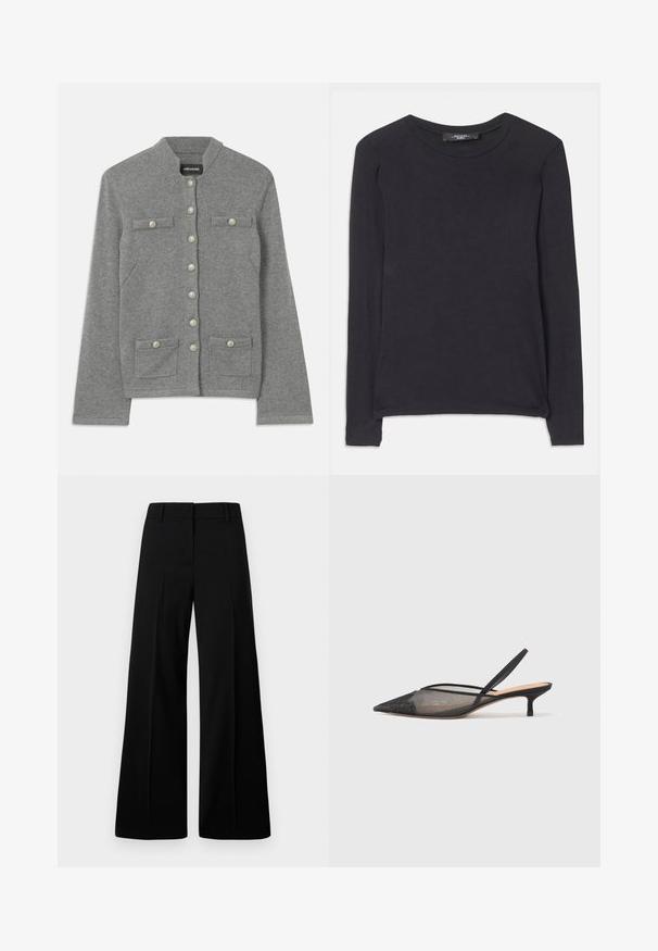 Grå strikket cardigan med en rund krave, frontknaplukning, to påsatte lommer og perleagtige detaljer på knapperne.; Sort langærmet skjorte med rund hals, lavet af blødt stof. Har et enkelt design og diskrete syninger langs sømmen.; Sorte bredbenede bukser med en glat tekstur, struktureret talje og bukser foran. Minimalistisk design uden synlige metaldel.; NEOUS IRENA - Pumps - black