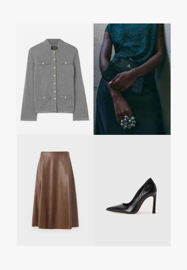 Grauer gestrickter Cardigan mit rundem Kragen, vorderem Knopfverschluss, zwei aufgesetzten Taschen und perlenartigen Akzenten auf den Knöpfen.; Schwarzes Tanktop mit dünnen Spaghetti-Trägern, aus geripptem Stoff, mit geradem Schnitt und einem Etikett am Hals, auf dem "IVY OAK" steht.; Brauer A-Linie Rock aus Leder mit glatter Textur und mittellangem Saum. Verfügt über einen taillierten Bund und eine leichte Ausweitung ab den Hüften.; Schwarzer, spitz zulaufender High Heel mit Krokodilleder-Struktur, elegantem Design, hohem Stiletto-Absatz und glattem schwarzen Innenraum.; Schwarze Clutch-Tasche im Kroko-Design mit silbernen Beschlägen, vor einem strukturierten grauen Hintergrund gehalten. Verfügt über eine glänzende Oberfläche.