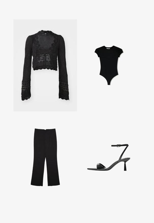 Svart kort cardigan med långa ärmar; tillverkad av öppet stickat tyg med en scalloped kant och detaljer i blommig spetsmönster.; Svart kortärmad bodysuit med rundad halsringning och högskurna benöppningar, tillverkad av ett mjukt, stretchigt material.; Svarta byxor med rak passform, utrustade med framfickor och sidoklyvningar vid fållen. Tillverkade av mjukt, slätt tyg. Lämpliga för olika tillfällen.; Bershka Sandaletter - black