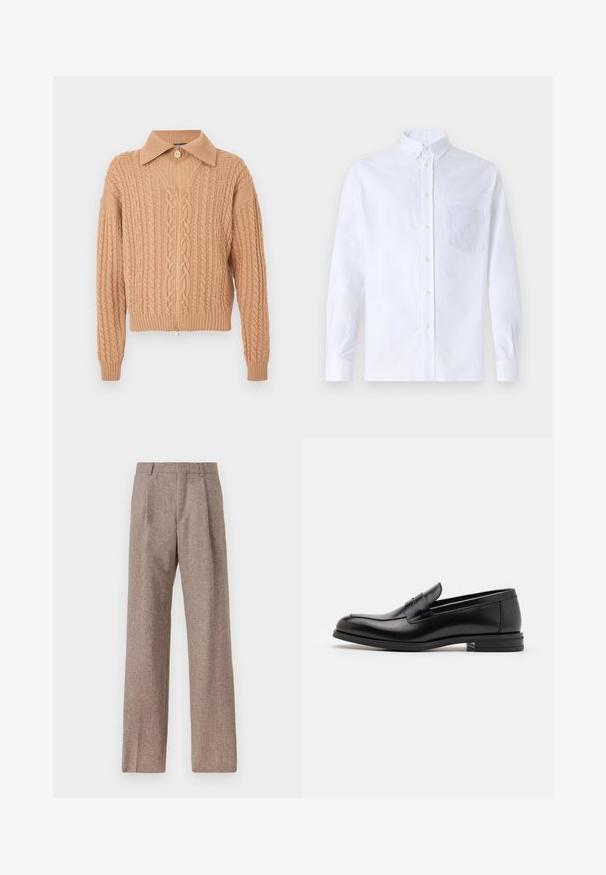 Gebreid vest in beige met een ritssluiting aan de voorkant, voorzien van een kraag, gestructureerde kabelpatronen, geribbelde manchetten en zoom.; Witte lange mouwen overhemd van katoen, met een borstzak met tonale borduring, een kraag en knopenmanchetten.; Bruine, hooggewaisted broeken van een gestructureerde stof. Heeft wijde benen en twee voorplooien voor extra structuur. Net afgewerkt zonder zichtbare hardware.; Zwarte leren instappers met een gladde textuur, ronde neus en een decoratieve band over de wreef. Lage, gestapelde hak en minimalistisch ontwerp.