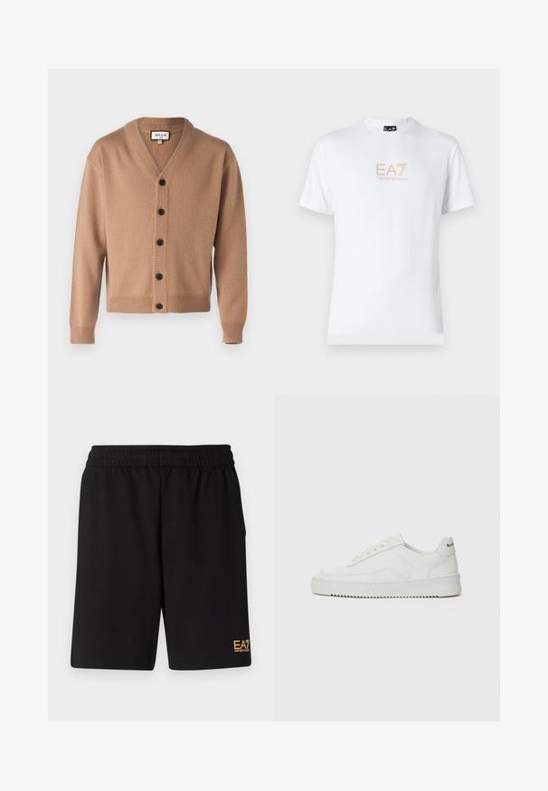 Paul & Joe UJIM - Cardigan - beige; Hvid bomulds t-shirt med rund halsudskæring og korte ærmer, prydet med et gold EA7 Emporio Armani logo trykt på forsiden.; Sorte atletiske shorts lavet af blødt stof, med en elastisk talje og et lille gult EA7-logo nederst på venstre ben.; Hvide lædersneakers med en glat overflade, rund tå, flade snørebånd og en tekstureret sål. Har et diskret logo på hælen.