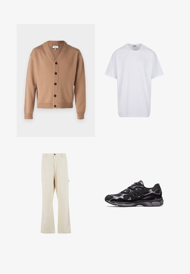 Paul & Joe UJIM - Kardigán - beige; Fehér pamut póló rövid ujjal, kerek nyakú, laza szabású, és nincsenek látható logók vagy minták. Simább textúra és minimalista dizájn.; Beige, bő szabású nadrág pamut keverék anyagból, gombos záródással. Oldalsó zsebekkel és finom textúrával rendelkezik. A varrások láthatóak.; Fekete sportcipő, hálós és velúr felsőrésszel, textúrázott mintázattal és egy masszív, párnázott szürke talppal.