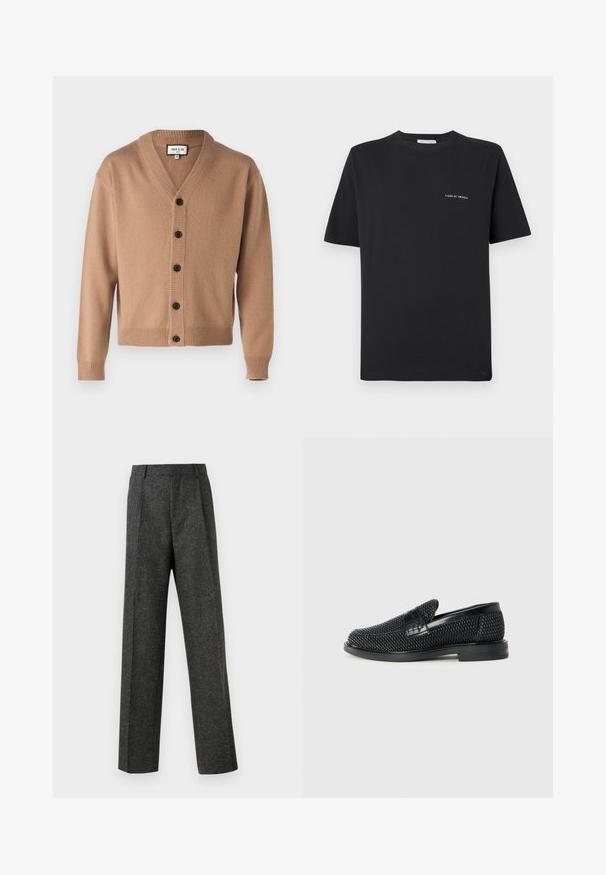 Paul & Joe UJIM - Ζακέτα - beige; Μαύρο βαμβακερό T-shirt με στρογγυλή λαιμόκοψη, κοντά μανίκια και μικρό λευκό λογότυπο "TIGER OF SWEDEN" στο στήθος. Κλασική εφαρμογή.; Γκρι tailored παντελόνι από υφασμάτινη υφή, με δύο καμπυλωτές πτυχές μπροστά και ίσια γραμμή. Χωρίς ορατές τσέπες ή διακοσμητικά στοιχεία.; Μαύρο πλεκτό παπούτσι slip-on με λείο δερμάτινο στοιχείο στο άνω μέρος, στρογγυλή μύτη και χαμηλό καουτσούκ πάτο.