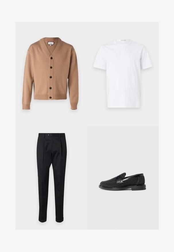 Paul & Joe UJIM - Kardiganas - beige; Balta medvilnės marškinėliai su apykakle ir trumpomis rankovėmis. Lygus paviršius, tiesus kirpimas ir minimalistinis dizainas be raštų ar akcentų.; Juodos kelnės pagamintos iš lygaus audinio, su raukšle priekyje, mygtuko uždarymu ir suknežintomis rankovėmis ties kulkšnimi.; Juodas pintas slip-on tipo batelis su lygiu odiniu akcentu viršuje, apvalios nosies dizainas ir žemas guminis padas.