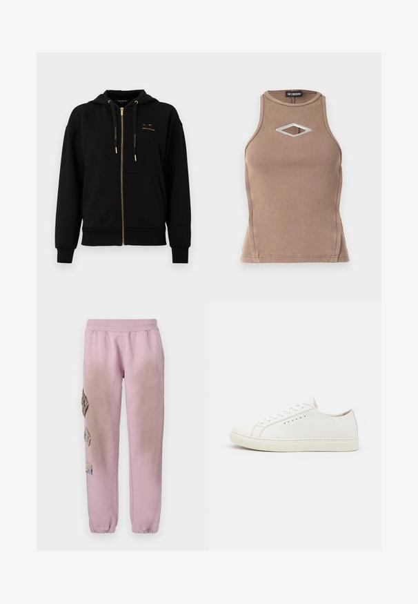 Čierna mikina na zips vyrobená z mäkkého materiálu. Má zlaté akcenty, kapucňu so šnúrkou a malé logo na hrudi. Hladké manžety a lem.; Hnedý rebrovaný top bez rukávov s okrúhlym výstrihom a briliantovým výrezom so striebornou kovovou detailou.; Ružové tepláky s elastickým pásom, s ozdobnými nášivkami v tvare diamantu na ľavej strane a elastickými manžetami na členkoch.; Biele kožené tenisky s hladkou textúrou, okrúlou špičkou, minimálnym počtom dierok a plochou gumovou podrážkou. Jednoduchý dizajn bez ďalších akcentov.