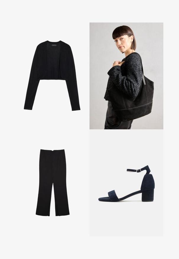 Čierny skrátený kardigán s dlhými rukávmi, vyrobený z ľahkej pleteniny. Má otvorený predný dizajn a zaoblené okraje.; Čierny bezrukávový crop top vyrobený z hladkej tkaniny, so zaobleným výstrihom a čistým, jednoduchým dizajnom bez vzorov alebo kovania.; Čierne nohavice so strihom rovného strihu, s prednými vreckami a bočnými rozparkami na leme. Vyrobené z mäkkej, hladkej tkaniny. Vhodné na rôzne príležitosti.; Námořnické semišové sandály s širokým předním pásem, nastavitelným páskem kolem kotníku a čtveratým podpatkem. Hladký povrch s minimalistickým designem.; Čierna semišová taška so hladkou textúrou, štruktúrovaným tvarom a kontrastným šitím. Obsahuje dlhé popruhy na nosenie na ramene.