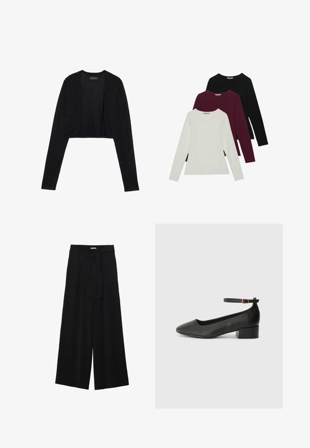 Must have musta lühikeste varrukatega kerge kudum. Omab avatud esiosa kujundust ja ümarat äärestust.; Pikad varrukad T-särgid valges, burgundis ja mustas. Valmistatud pehmest kangast, ümmarguse kaelusega ja keha lähedase kujundusega. Sobivad kihiliseks kandmiseks.; Mustad laiad püksid, millel on tekstureeritud kangas, elastne vöökoht ja eemaldatav pael vööst, et reguleerida sobivust.; Must mustaapp, millel on terav nina ja madal blokk-kand. Omab pahkluu rihma koos kuldse tooni pandlaga. Sile tekstuur.