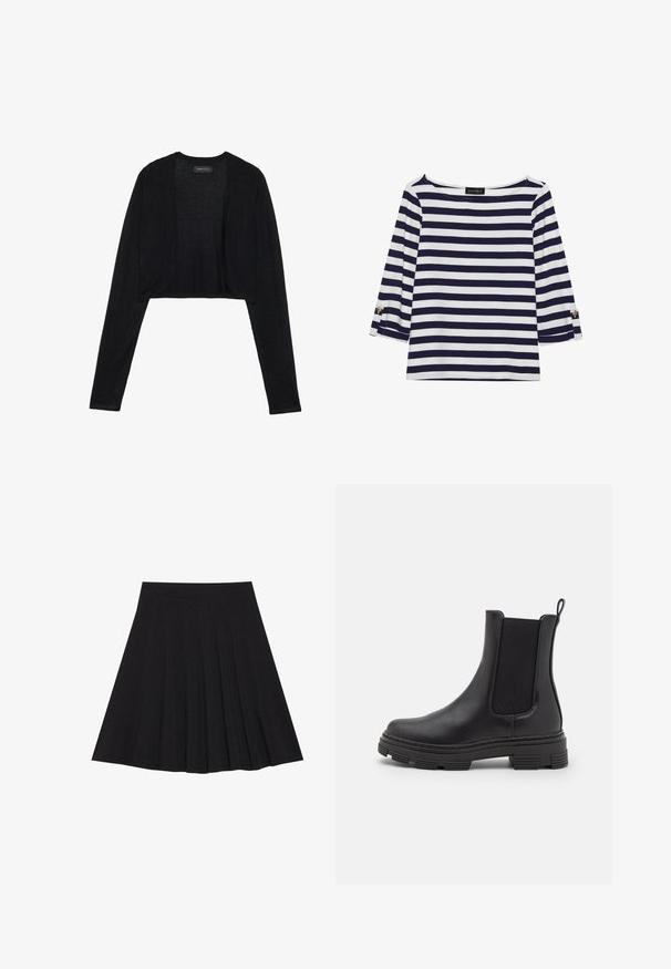 Cardigan preto cropped com mangas longas, feito de um tecido de malha leve. Apresenta um design de frente aberta e bordas arredondadas.; Top de manga longa às riscas azul-marinho e branco, com decote em barco e detalhes em botões dourados nas mangas com dobra. Tecido suave, ajuste descontraído.; Saia preta plissada feita de tecido texturizado com uma faixa na cintura ajustada. Cai até ao joelho, apresentando uma silhueta suave e limpa.; Bota de tornozelo em couro preto com painéis laterais elásticos, bico arredondado e sola de borracha texturizada. Apresenta uma alça na parte traseira para fácil calçar.