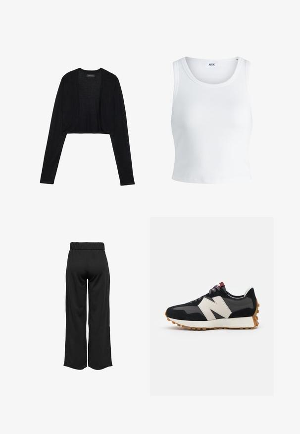 Must have musta lühikeste varrukatega kerge kudum. Omab avatud esiosa kujundust ja ümarat äärestust.; Valge ribakujuline tank top, millel on ümmargune kaelus, varrukateta disain ja lühike pikkus. Silt ütleb "JJXX." Sile kangast tekstuur.; Mustad, laiad püksid elastse vöökohtaga, valmistatud siledast kangast. Omab lihtsat disaini, ilma taskute või nähtavate õmbluste detailideta.; Mustmust ja halli nubukist tennisajal on suur kreemjas "N" logo, lilla paelad ja tekstureeritud kummist välispohja.