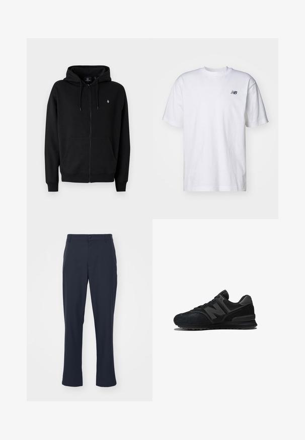 Black zip-up hoodie in soft fabric, featuring a kangaroo pocket, ribbed cuffs, adjustable drawstring hood, and a small logo on the chest.; White short-sleeve crew neck T-shirt with small black New Balance logo on left chest against a plain background.; Navy blue, tailored trousers in polyester blend material. Features a button closure, side pockets, and a straight leg design.; Black sneaker featuring a suede and mesh upper, thick sole, and prominent 'N' logo on the side. Textured design with lace closure.