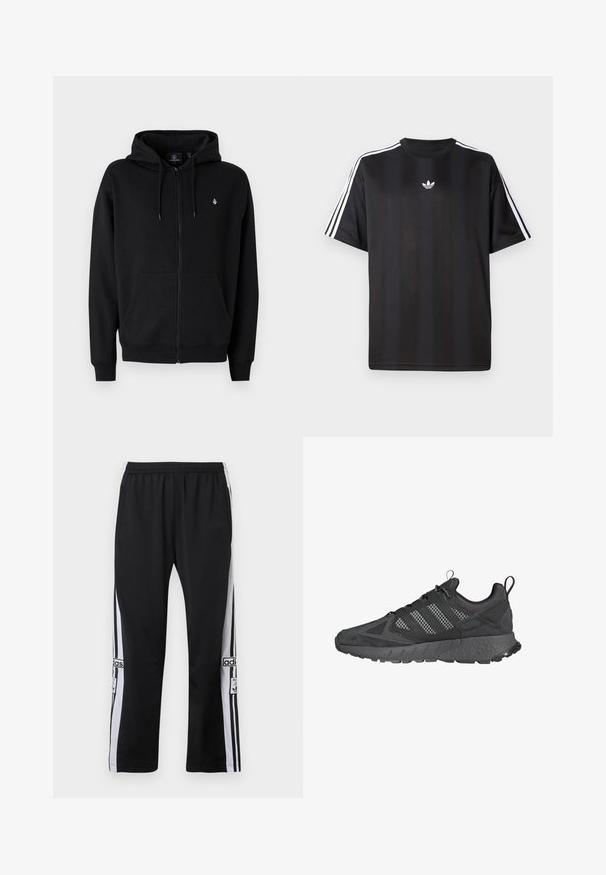 Fekete cipzáros kapucnis pulóver puha anyagból, elülső kenguruzsebbel, bordázott mandzsettákkal, állítható zsinóros kapucnival és egy kis logóval a mellkason.; Fekete, rövid ujjú póló fehér háromcsíkos díszítéssel a vállakon és egy kis fehér logóval a mellkasán. Simább anyag textúra.; Fekete sportnadrág fehér oldalsávokkal, elasztikus derékpánttal és logó részlettel. Simább, könnyű anyagból készült.; Fekete sportcipők, hálós és velúrból készült felsőrésszel, texturált gumitalppal, párnázott bokával és jellegzetes háromsávos szürke mintával.