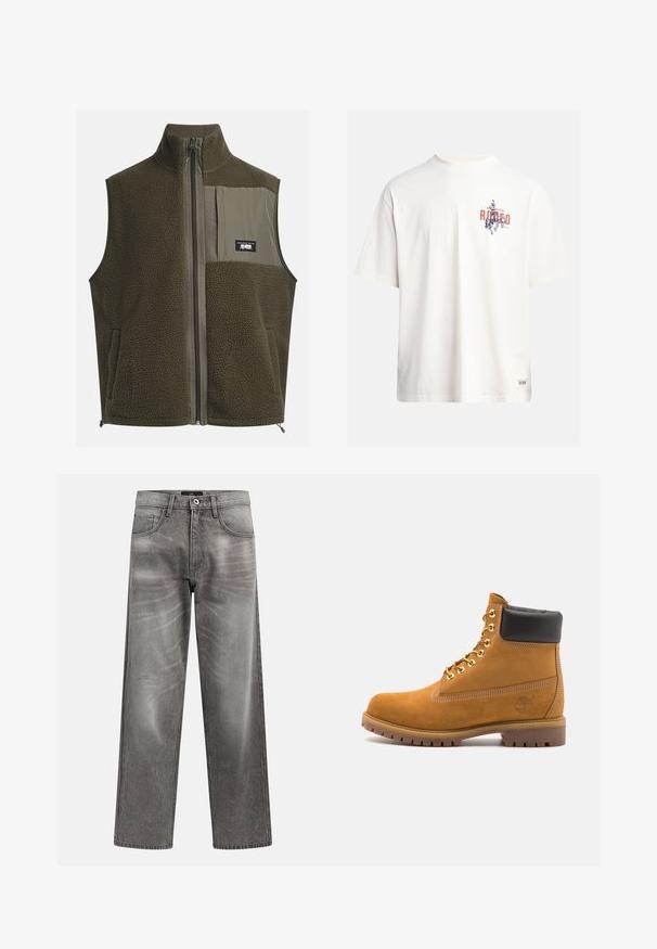 Fleece vest in dark olive green with a high collar, zip closure, and left chest pocket. Features textured fabric and side pockets.; Cream cotton t-shirt with short sleeves and a crew neckline. Features a graphic print in blue and red with text and a motif.; Gray denim wide-leg jeans with a faded finish, classic five-pocket design, and a metal button closure. Textured fabric with subtle wear details.; Tan suede ankle boot with black padded collar, gold metal eyelets, white stitching detailing, and rugged rubber sole with pronounced treads.