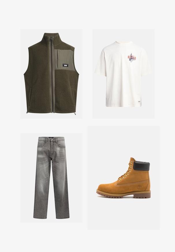 Fleece vest in donkergroen olijf met een hoge kraag, ritssluiting en een borstzak aan de linkerkant. Beschikt over een textuurstof en zijzakken.; Crème katoenen t-shirt met korte mouwen en een ronde hals. Kenmerkt een grafische print in blauw en rood met tekst en een motief.; Grijze denims met een losse pasvorm, voorzien van whiskering en vervagingdetails, een klassieke vijf-pocketontwerp en een knoopsluiting.; Tan suède enkelboot met zwart gevoerd kraagje, gouden metalen oogjes, witte stikdetails en een robuuste rubberen zool met uitgesproken profiel.