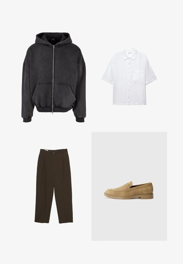 Zipsová mikina tmavosivej farby, vyrobená z mäkkej textílie. Obsahuje prednú vrecko, ribované manžety a spodný okraj, a kapucňu so šnúrkou.; Biela košeľa s krátkymi rukávmi, s zapínaním na gombíky, golierom a jednou malou náprsní kapsou. Vyrobená z ľahkého materiálu s hladkou textúrou.; Tmavohnedé nohavice na mieru s prednými skladmi, pútkami na opasok a zapínaním na gombík v oblasti pásu.; Hnedé semišové mokasíny s zaoblenou špičkou, nízkým blokovým podpätkom a prešívaním na hornom diele. Hladká štruktúra a minimalistický dizajn.