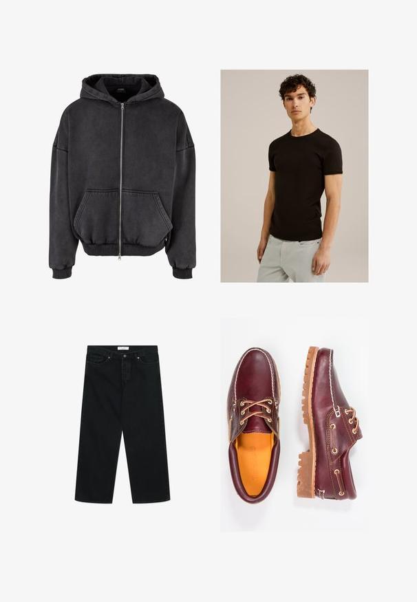 Tamna siva dukserica sa zatvaračem, izrađena od mekog materijala. Ima prednji džep, rebraste manžete i donji rub, te kapuljaču s vezicom.; Crna majica s kratkim rukavima s okruglim izrezom, izrađena od glatkog, rastezljivog materijala. Kroja je uskog fit-a, dizajnirana da se prilagođava tijelu.; Crne traperice širokog kroja, izrađene od denima, s prednjim zatvaranjem na gumb, petljama za remen i džepovima. Glatka tekstura, minimalistički dizajn.; Burgundske kožne cipele s smešnim gumenim potplatima, okruglim vrhom, bijelim šavovima i zlatnim rupama za vezivanje. Unutrašnjost ima žutu podstavu.