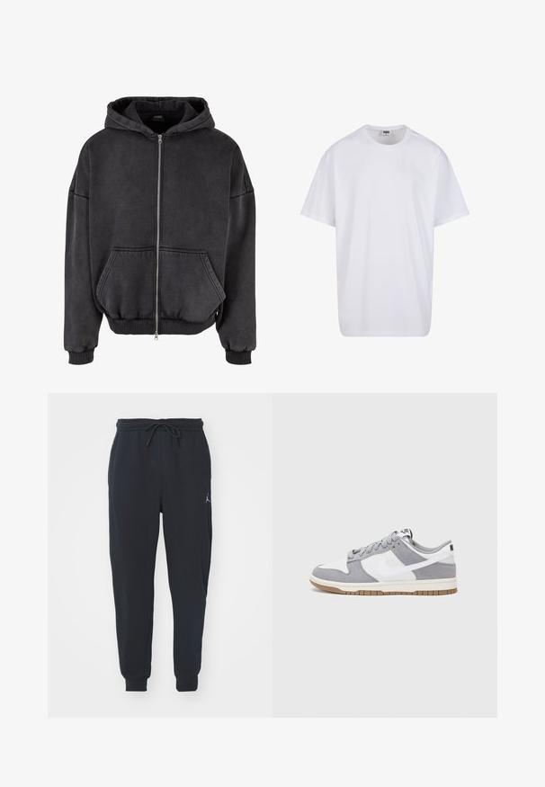 Zip-up hoodie in dark gray, made of soft fabric. Features a front pouch pocket, ribbed cuffs and hem, and a drawstring hood.; White cotton t-shirt with short sleeves, rounded neckline, relaxed fit, and no visible logos or patterns. Smooth texture and minimal design.; Black jogger pants made of soft fabric, featuring an elastic waistband with a drawstring, ribbed cuffs, and a small logo on the left thigh.; Gray and white sneaker with a suede and leather upper, rounded toe, flat laces, and a rubber sole featuring a gum accent.