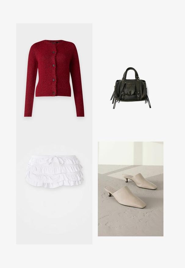 Vero Moda VMNOVAH LS O-NECK BUTTON NOOS - Kofta - winetasting; Vit ärmlös topp med rundad halsringning, asymmetrisk fåll och tryckknappar på sidan för stängning. Slät, lätt vikt tyg.; Vit volangbadkjol med flera lager, med dragsko i midjan för justering. Mjuk tyg med en slät yta.; Beiga lädermules med spetsig tå och låg svart klack. Slät textur, slip-on design, minimalistisk silhuett, inga synliga mönster.; Svart läderhandväska med flätade handtag, dragkedjefack och hängande pom poms. Texturerad yta med metallnitar och hårdvaruaccenter.