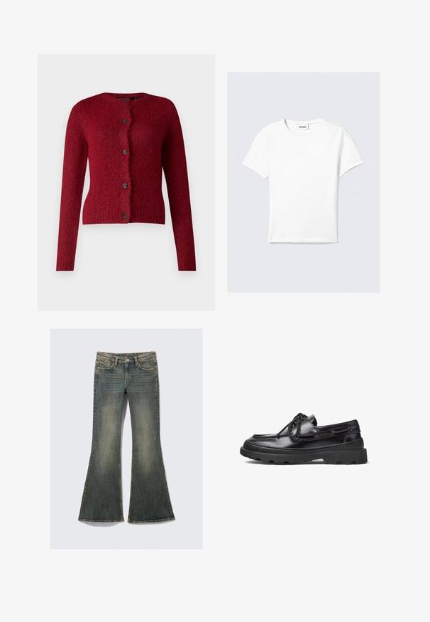 Vero Moda VMNOVAH LS O-NECK BUTTON NOOS - Casaco de malha - winetasting; T-shirt branca de manga curta feita de algodão, com gola redonda e bainha reta. Design minimalista sem padrões ou detalhes visíveis.; Jeans de ganga à boca larga em azul desbotado, com um design clássico de cinco bolsos, apresentando uma leve textura e costuras visíveis.; Sapatos de boat de couro preto com biqueira arredondada, design de atacadores, detalhes alinhavados e uma sola de borracha grossa com um padrão de aderência texturizado.