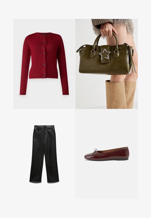 Vero Moda VMNOVAH LS O-NECK BUTTON NOOS - Kardiganas - winetasting; Pilkas medvilninis marškinėlis su klasikiniu apvaliu kaklu, trumpomis rankovėmis ir lygiu paviršiumi, tinkamas kasdieniam dėvėjimui.; Juodos spalvos dirbtinės odos plačiomis kojomis kelnės su priekine kišene, diržo kilpomis ir subtiliu blizgesiu. Lygios tekstūros ir pritaikyto silueto.; Bordo lakiotos odos baleto bateliai su apvalia nosimi, maža kaspinėlio akcentu priekyje ir žema juoda guma padanga. Lygi tekstūra.; Alyvuogių žalios spalvos dirbtinės odos rankinė su sidabro žvaigždės akcentu, dviem rankenomis ir užtrauktuko uždarymu. Tekstūruotas paviršius ir struktūrizuota forma.