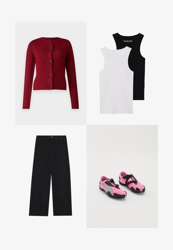 Vero Moda VMNOVAH LS O-NECK BUTTON NOOS - Adīta jaka - winetasting; Divi pieguļoši iedobumi melnā un baltā krāsā. Izgatavoti no ribota kokvilnas, tiem ir platai siksnas un apaļi kakli. Zīmols uz apkakles.; YOURTURN UNISEX - Treniņtērpa apakšdaļas - black; Rozā sporta apavi ar teksturētu auduma virsu, pelēkiem akcentiem un gumijas zoli, kurai ir izciļņi labākai saķerei. Melni siksnas nodrošina ciešu piegulšanu.