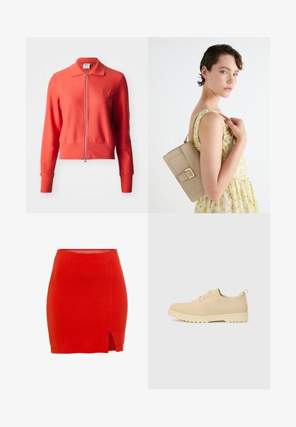 Rote Zip-Jacke mit strukturiertem Strickdesign, gerippten Bündchen und Saum sowie einem kleinen Logo auf der linken Brust.; Even&Odd Langarmshirt - pink; Roter Strickrock mit figurbetontem Design, seitlichem Schlitz und einem Saum, der knapp oberhalb des Oberschenkels sitzt. Glatte Textur, schlichte Ausführung.; Beige Wildleder Schnürschuhe mit runder Zehenpartie, strukturierter Oberfläche und einer klobigen weißen Gummisohle mit einem Profilmuster.; Beige Lederhandtasche mit einem strukturierten Design, goldfarbener Schnallenakzent und verstellbarem Riemen, abgebildet vor einem hellen Hintergrund.