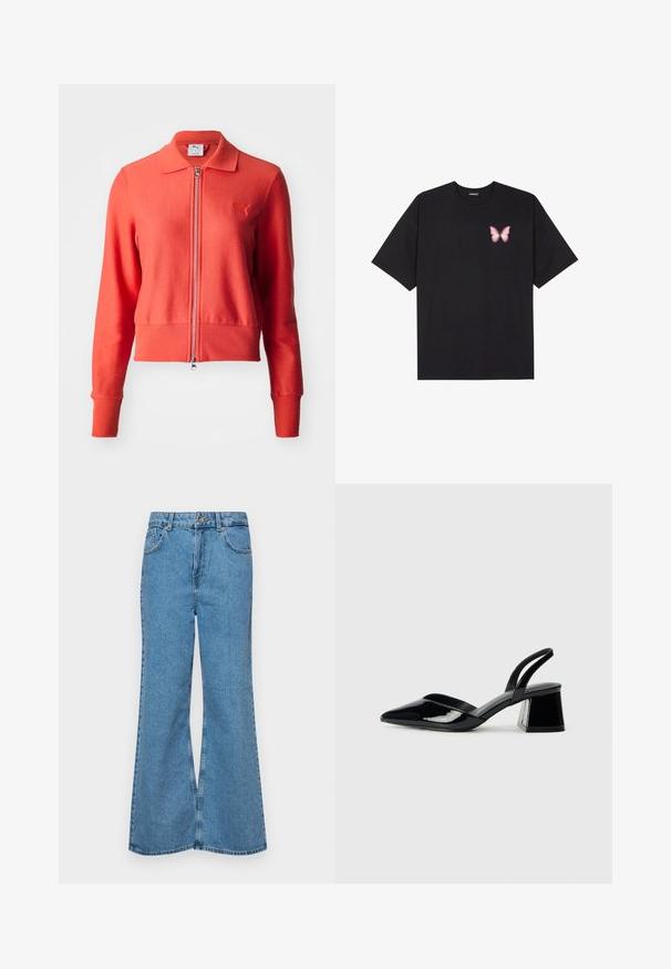Κόκκινο μπουφάν με φερμουάρ και υφή πλεχτού σχεδίου, ελαστικές μανσέτες και τελείωμα, και μικρό λογότυπο στην αριστερή πλευρά του στήθους.; Μαύρο βαμβακερό μπλουζάκι με κοντά μανίκια, διαθέτοντας ένα μικρό ροζ γραφικό πεταλούδας στο αριστερό στήθος. Σχέδιο με στρογγυλή λαιμόκοψη και άνετη εφαρμογή.; Ανοιχτό γαλάζιο τζιν παντελόνι σε καμπάνα, κατασκευασμένο από τζιν ύφασμα, με ψηλή μέση, πέντε τσέπες και κλείσιμο με έναν μόνο κουμπί. Μαλακή υφή με ξεθωριασμένο φινίρισμα.; Μαύρα πατεντέ δερμάτινα γοβάκια slingback με μυτερή μύτη και γεωμετρικό τακούνι. Έχουν κομψό, μινιμαλιστικό σχέδιο και λεία υφή.