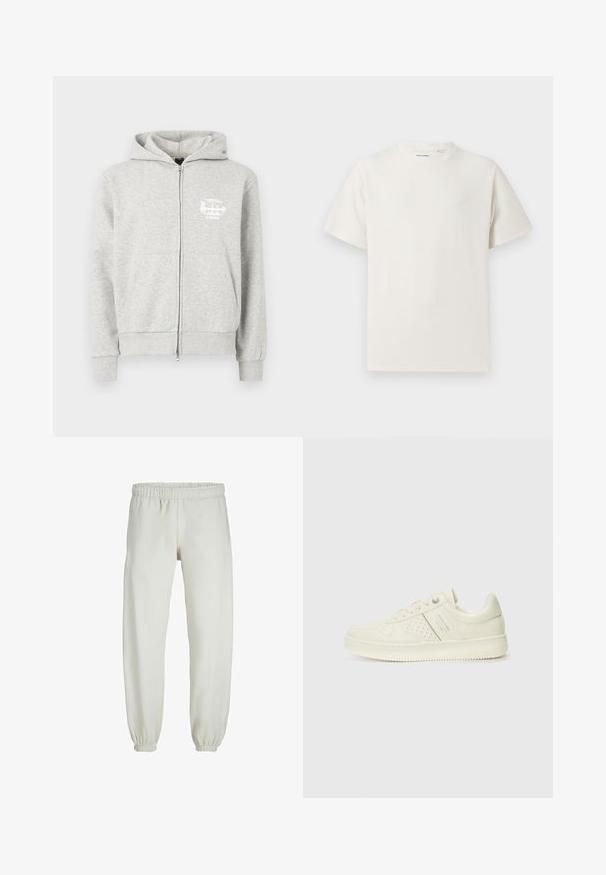 Sivá mikina na zips s predným zipsom, dvomi bočnými vreckami a malou bielou grafikou na ľavej hrudi.; Biela krátka tričko s krátkym rukávom so žebrovanou textúrou. Okrúhly výstrih, uvoľnený strih, žiadne viditeľné vzory ani akcenty. Jednoduchý a všestranný dizajn.; Biele teplákové nohavice vyrobené z mäkkej textílie, s elastickým pásom a manžetami, s hladkým povrchom a voľným strihom.; Krémová teniska s perforovanými detailmi, šnúrkami a logom na boku, vystavená na jednoduchej bielej pozadí.