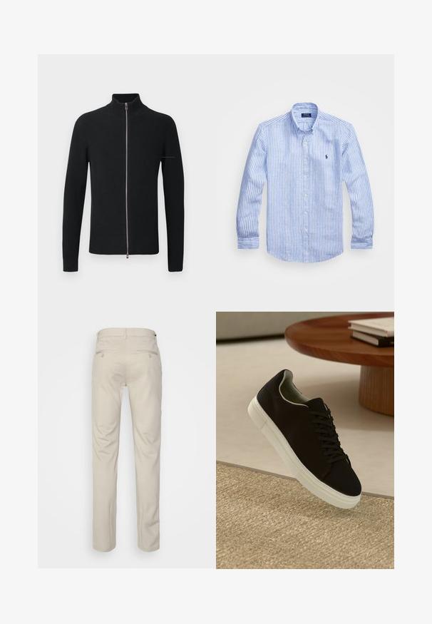 Pulover tricotat negru, cu model rib și guler înalt, având fermoar pe toată lungimea, cu mâneci lungi și o siluetă elegantă.; Cămașă cu dungi albastre și albe, cu mânecă lungă, fabricată din bumbac, având un guler cu nasturi, nasturi pe față și un mic logo brodat pe piept.; Pantaloni bej cu o textură netedă, croială dreaptă, două buzunare laterale cu nasturi și un brâu standard.; Pantof din material textil negru, cu talpă albă, plutind deasupra unui covor texturat bej, lângă o masă rotundă din lemn cu cărți stivuite.