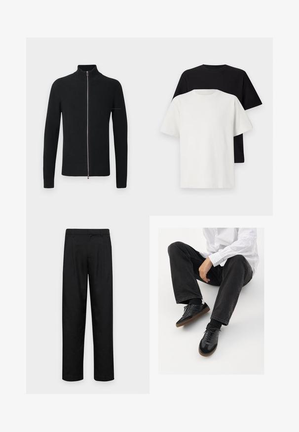 Must mustriba kudumustega sviiter, kõrge krae ja full-length lukuga, millel on pikad varrukad ja sulanduv siluett.; Puuvillane t-särkide komplekt, mis sisaldab musta ja valget särk, mõlemad lühikeste varrukatega, ümmarguse kaelusega ja standardse lõikega. Tekstuuriga kangas.; Mustad mustadest riietest, millel on sirge jalgade disain, kaks eesmist voltimist ja tavaline vöökoht, millel on vöökohad.; Mustad spordijalatsid siledast ja tekstuurilisest ülemisest osast, millel on kummist tald ja tumedad nöörid. Kombineeritud mustade teksade ja valge triibulise särgiga.