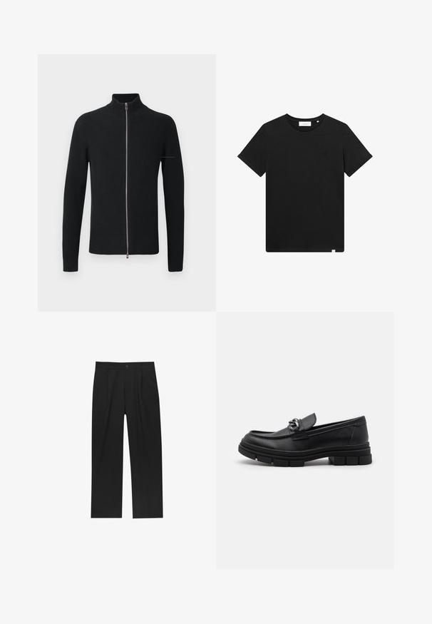 Černý ribkovaný pletený svetr s vysokým límcem a plným zipem, který má dlouhé rukávy a elegantní siluetu.; Černé tričko s krátkým rukávem vyrobené z bavlny, s kulatým výstřihem a malým vyšitým logem na hrudi. Hladká textura, standardní střih.; Černé kalhoty s rovnými nohavicemi, vyrobené z hladké tkaniny. Mají přední záhyby a jedno knoflíkové zapínání v pase.; Černé kožené mokasíny s kulatou špičkou, dekoračním páskem a kovovými prvky, a masivní texturovanou podrážkou. Hladký povrch s jemnými detaily.