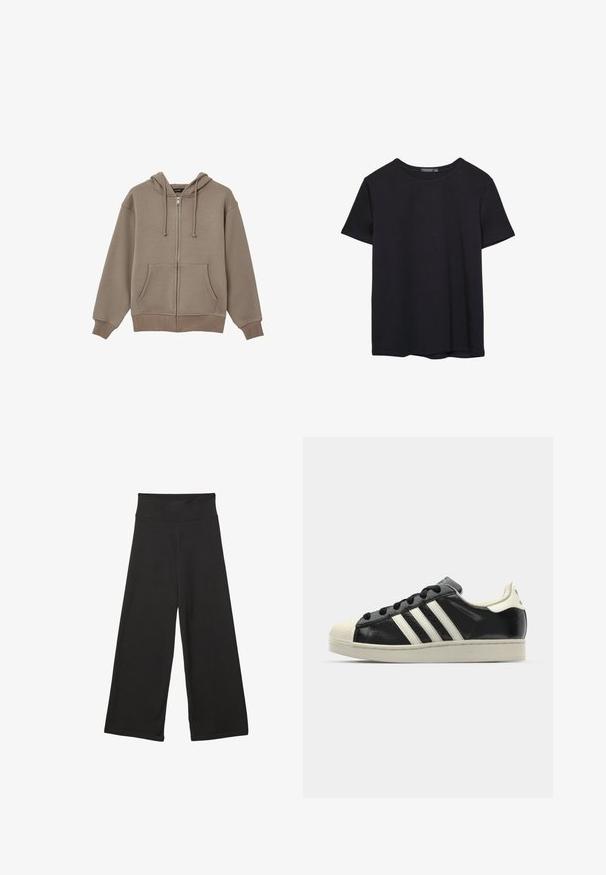 Hellbraune Zip-Hoodie mit Kordelzugkapuze, Fronttaschen und gerippten Bündchen und Saum, aus weichem, strukturiertem Stoff.; Einfaches schwarzes T-Shirt aus Baumwolle mit kurzen Ärmeln und Rundhalsausschnitt, auf einem weißen Hintergrund dargestellt.; Schwarze weit geschnittene Hosen mit einem hohen elastischen Bund, weichem Stoff und lockerer Passform, geeignet für legere Anlässe oder entspannte Umgebungen.; Schwarze Ledersneaker mit weißen Streifen, Gummikappe, schwarzen Schnürsenkeln und einer cremefarbenen Sohle. Glatte Textur mit glänzender Oberfläche.
