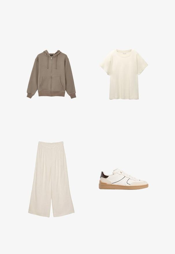 Haut à capuche zippé marron clair avec cordon de serrage, poches avant, et poignets et ourlet côtelés, fabriqué à partir d'un tissu doux et texturé.; T-shirt beige clair à manches courtes avec un col rond, fabriqué en tissu doux et lisse. Présente une coupe décontractée et un ourlet droit.; Pantalons large en lin de couleur beige clair avec un design plissé et une taille élastique pour plus de confort et de facilité d'enfilage.; Stradivarius Baskets basses - white