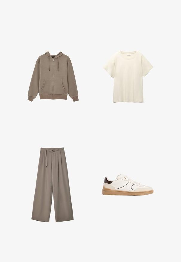 Haut à capuche zippé marron clair avec cordon de serrage, poches avant, et poignets et ourlet côtelés, fabriqué à partir d'un tissu doux et texturé.; T-shirt beige clair à manches courtes avec un col rond, fabriqué en tissu doux et lisse. Présente une coupe décontractée et un ourlet droit.; Pantalons évasés en tissu gris doux et muted, avec une taille ceinturée et des plis pour un détail de design supplémentaire. Texture lisse, sans motifs.; Stradivarius Baskets basses - white